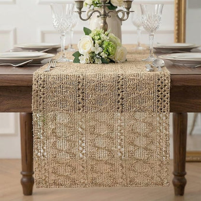 Burlap Boho Table Runner Farmhouse Rustic Jute Macrame Woven Dining Table Runner by Xiomot