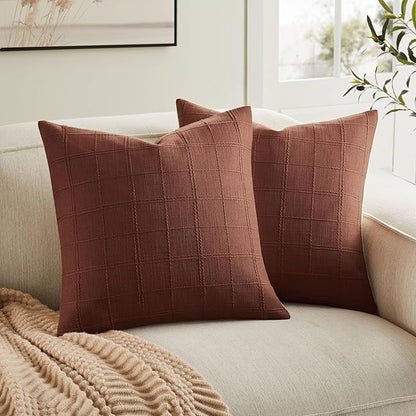 ZeeMart Linen Checked Throw Pillow Covers Set of 2, 22x22 Inch Terracota/Cream by ZEEMARTONLINE