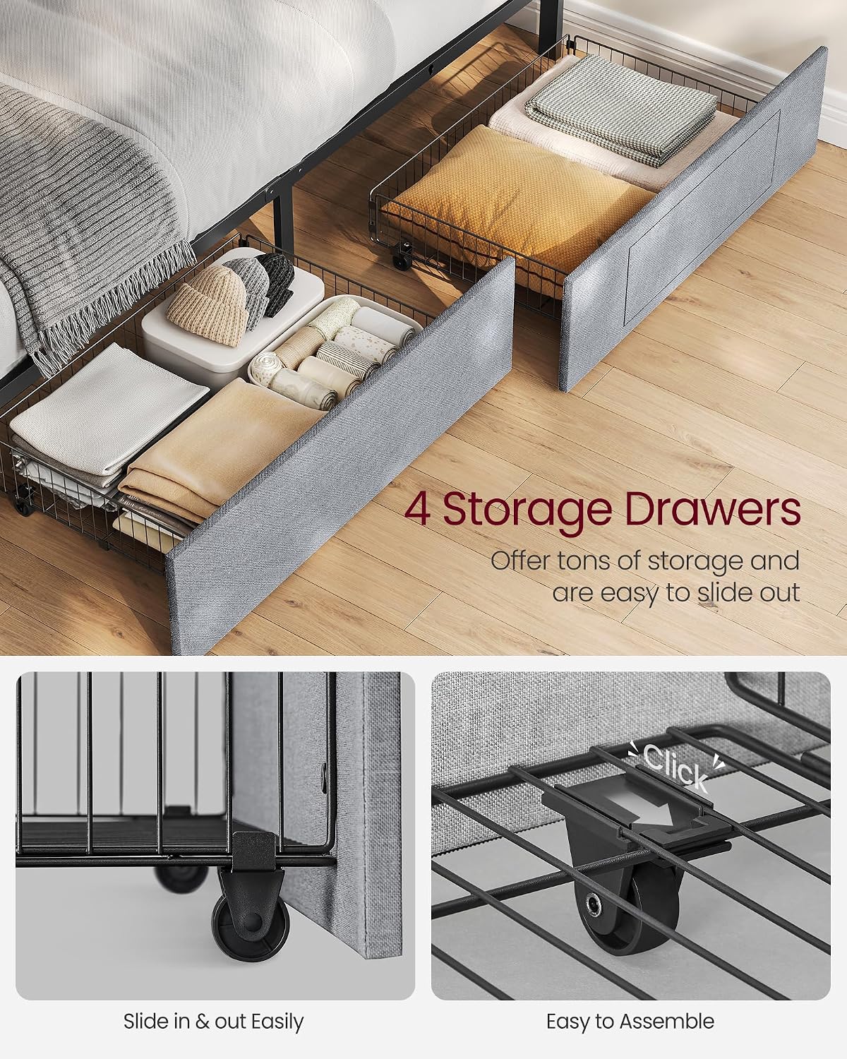 vasagle queen bed frame, 4 storage drawers on showing dimensions