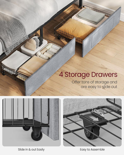 vasagle queen bed frame, 4 storage drawers on showing dimensions