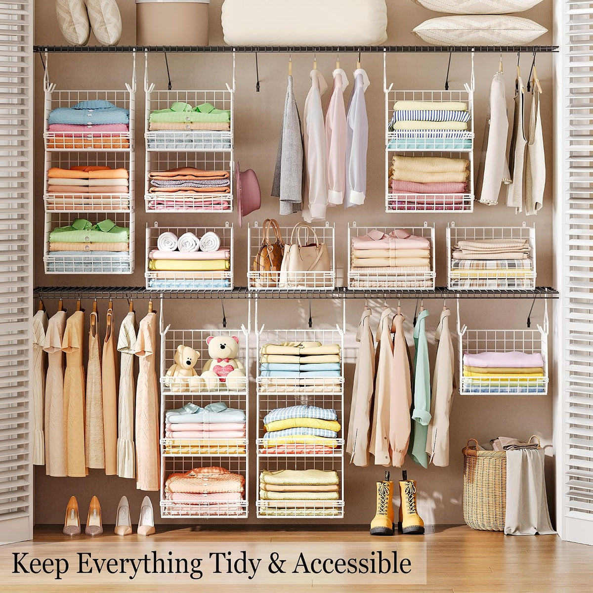 x-cosrack 3 tier foldable closet organizer, clothes shelves shown in use