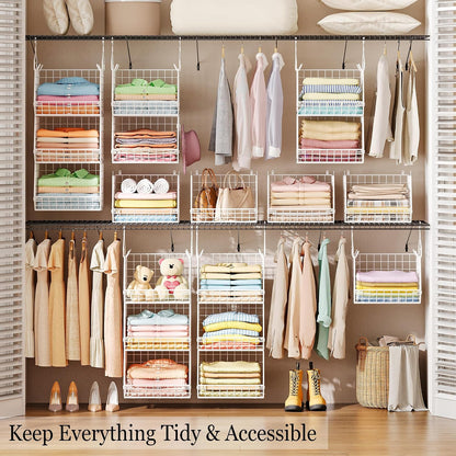 x-cosrack 3 tier foldable closet organizer, clothes shelves shown in use