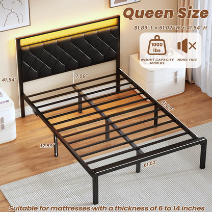 queen size bed frames with charging station & shown in use