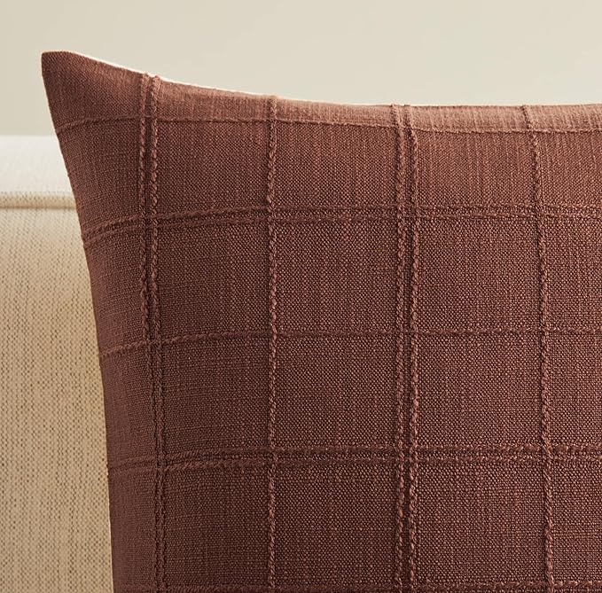 ZeeMart Linen Checked Throw Pillow Covers Set of 2, 18x18 Inch Terracota/Cream - Image 2