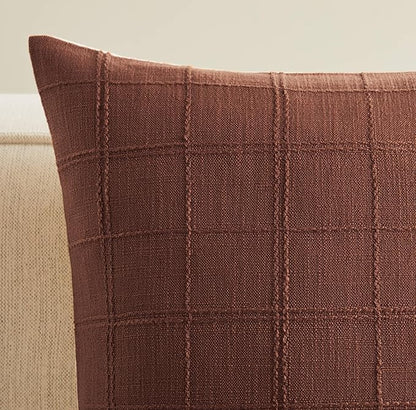 ZeeMart Linen Checked Throw Pillow Covers Set of 2, 18x18 Inch Terracota/Cream - Image 2