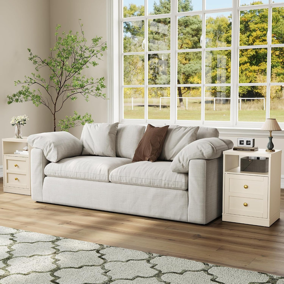 royalcraft beige nightstand with storage shelf and door, front angle view