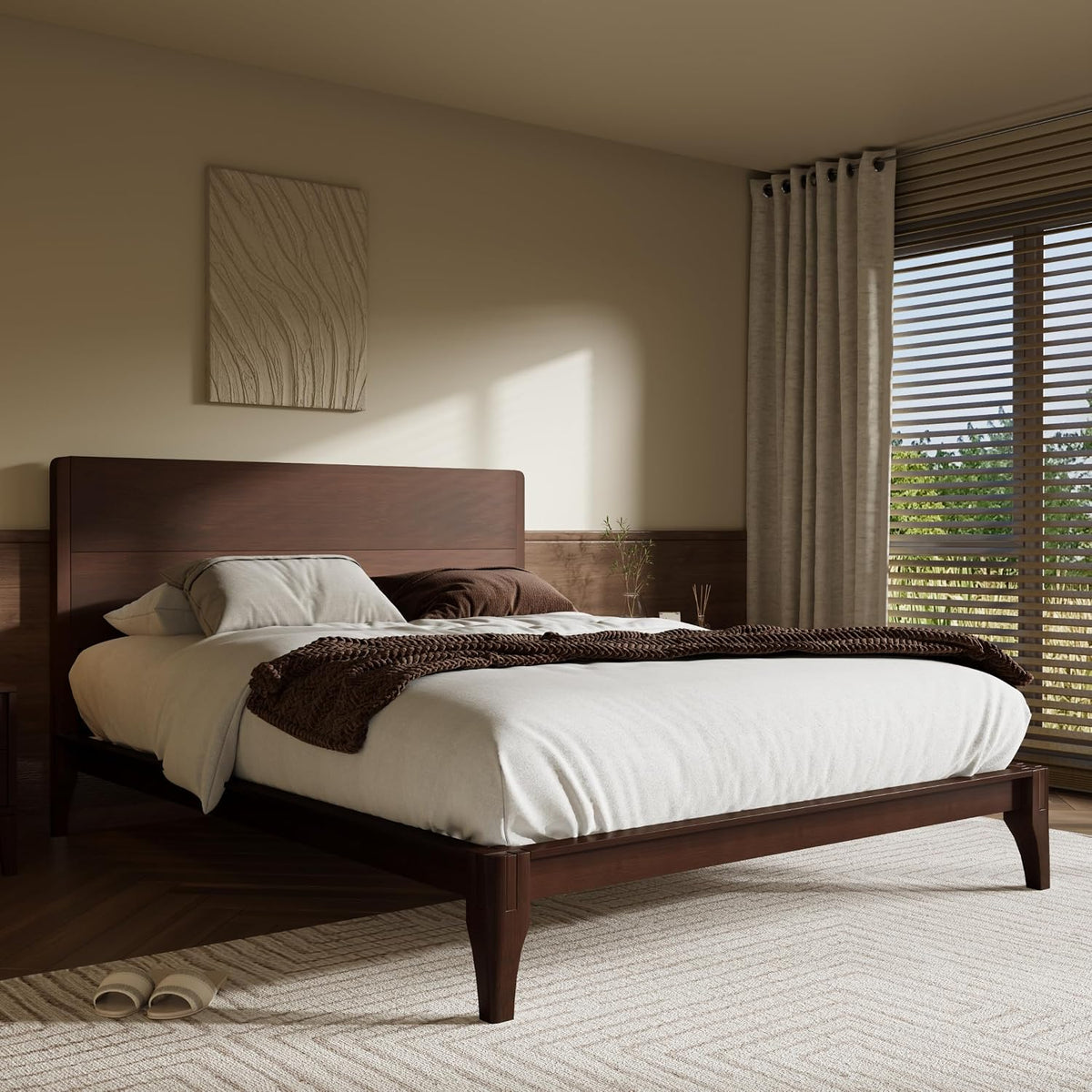 merax queen size bamboo platform bed frame with, side view
