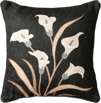 Black Throw Pillow Covers, Elegant Floral White Calla Lily Pattern Linen by bilingaier