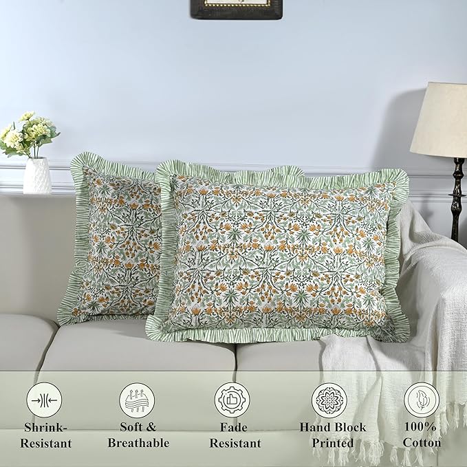 Ridhi Goldenrod Yellow 100% Cotton Block Print Ruffle Bed Sham Cover 20''×26'' - Image 6