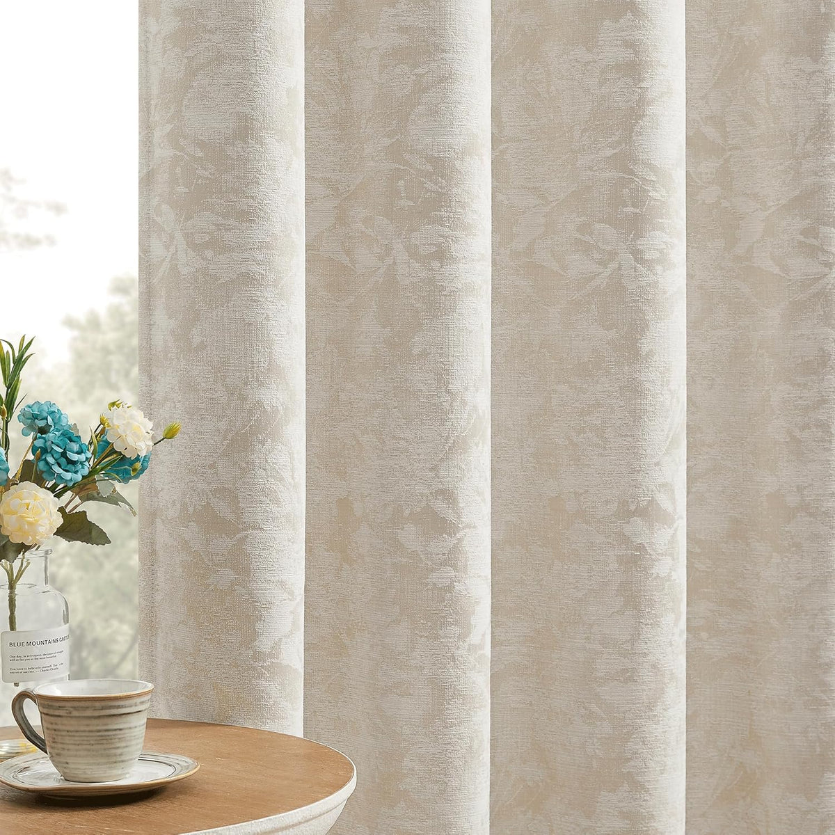 beauoop beige floral jacquard blackout curtains for bedroom, main product view