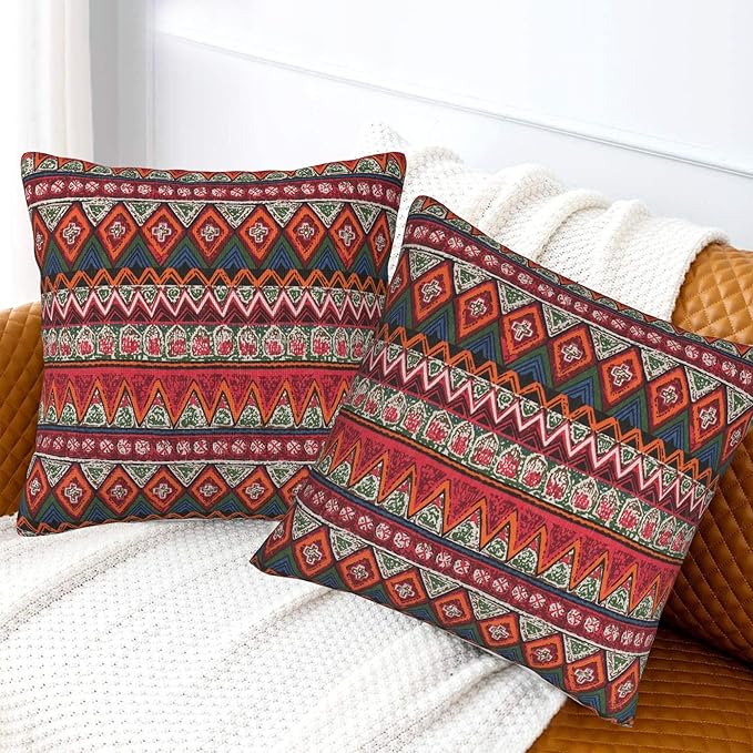 Farmhouse Vintage Boho Red Striped Throw Pillow Covers 18x18 Inch Set of 2 - Image 4