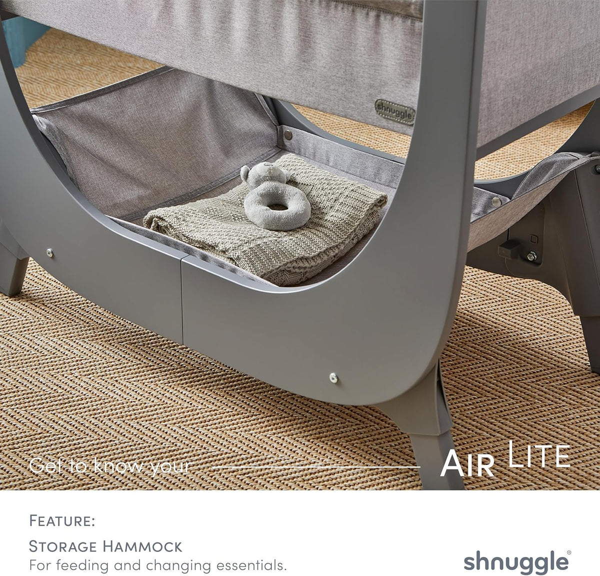 shnuggle bedside sleeper bassinet (air lite) - adjustable, front angle view