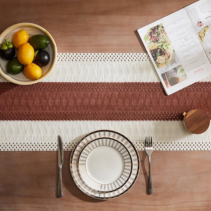 ZeeMart Macrame Style Bicolor Stitching Table Runner, 14 x 72 Inch - Image 4