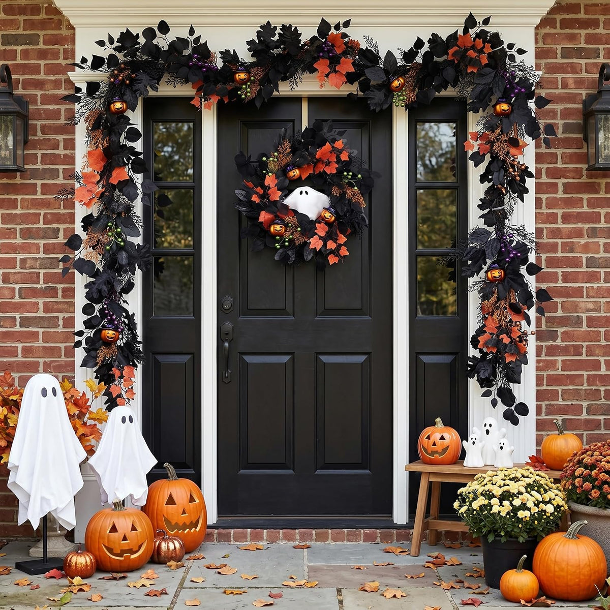 DecorbyHannah 20'' Halloween Wreath for Front Door with Lights Ghost Decor