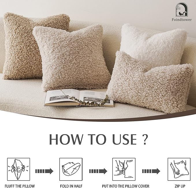 Foindtower 2 Pieces 26x26 Inch Neutral Cream, Faux Fur Throw Pillow Cover - Image 6