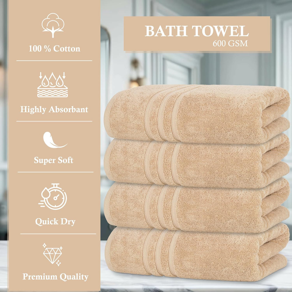 4 Pieces Large Bath Towels Set, 27x54 Inches, Beige