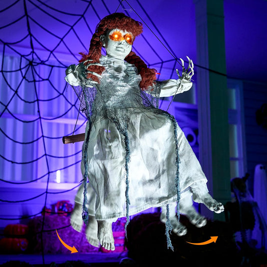 JOYIN Scary Halloween Decorations Outdoor, Halloween Hanging Scary Swing Girl Decorations Winging White Doll with Creepy Sound and Light Up Eyes Sound, Animatronics Hanging Decors Activated