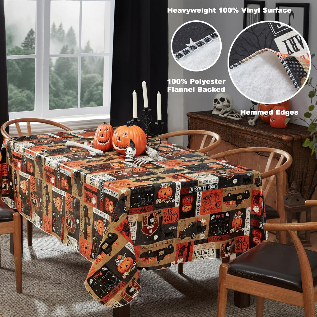 Newbridge Halloween Rustic Spooky Farm 60 x 120 Inch Rectangle Vinyl Tablecloth with Flannel Backing, Vintage Halloween Truck and Pumpkin Design, Easy Care Wipe Clean Table Cover
