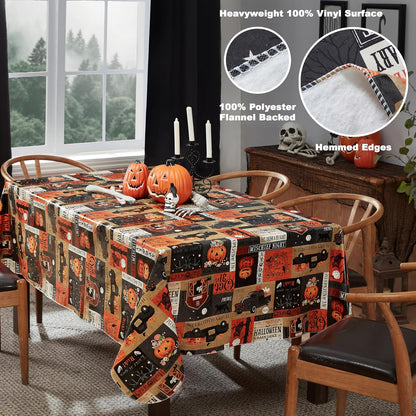 Newbridge Halloween Rustic Spooky Farm 60 x 120 Inch Rectangle Vinyl Tablecloth with Flannel Backing, Vintage Halloween Truck and Pumpkin Design, Easy Care Wipe Clean Table Cover