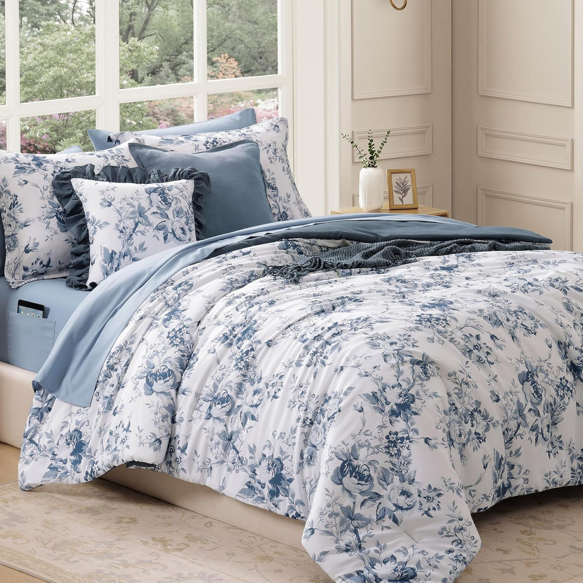 bloomhaven full size comforter sets-7 pieces blue floral shown in use