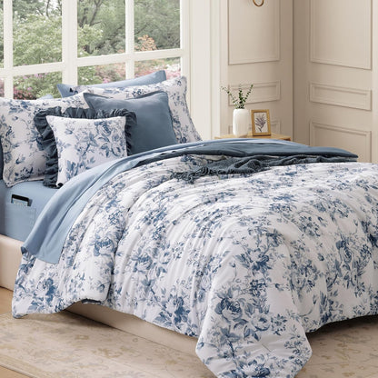 bloomhaven full size comforter sets-7 pieces blue floral shown in use