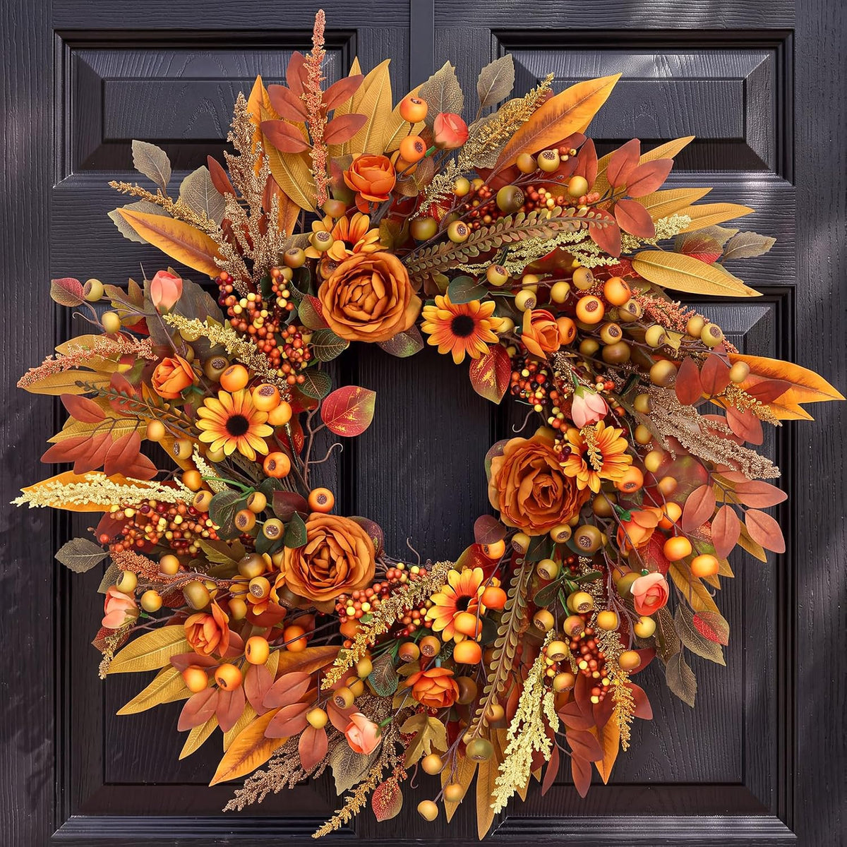 Fall Wreath for Front Door 26 Inch, Autumn Harvest Wreath Sunflowers Roses Acorns Berries, Thanksgiving Halloween Farmhouse Rustic Grapevine Twig Decor
