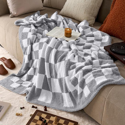 Joiedomi Twin Blanket for Couch Bed, Light Grey Checkered Knitted Blankets - Image 4
