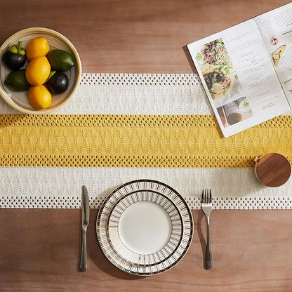 ZeeMart Macrame Style Bicolor Stitching Table Runner, 14 x 108 Inch - Image 4