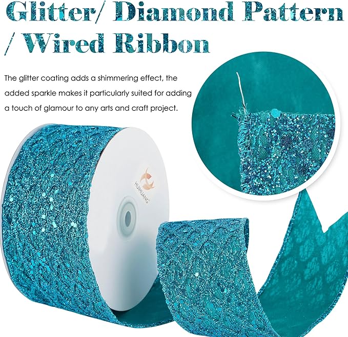 HUIHUANG Turquoise Glitter Wired Ribbon - Image 2