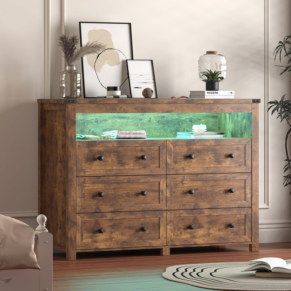 Xixini Dresser for Bedroom with 6 Drawers, LED Lights, Power Outlet, Brown