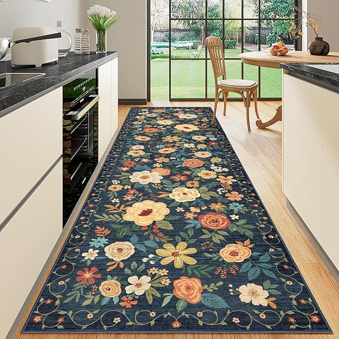 DUKINO 3x10 Runner Rug for Hallway, Washable Kitchen Floral Runner Rug by DUKINO