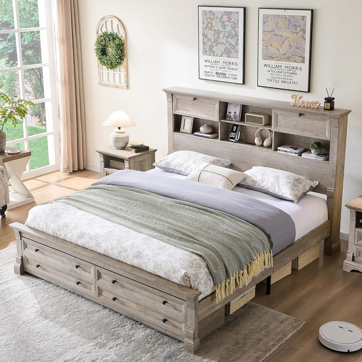 farmhouse wood king size bed frame with 54" shown in use