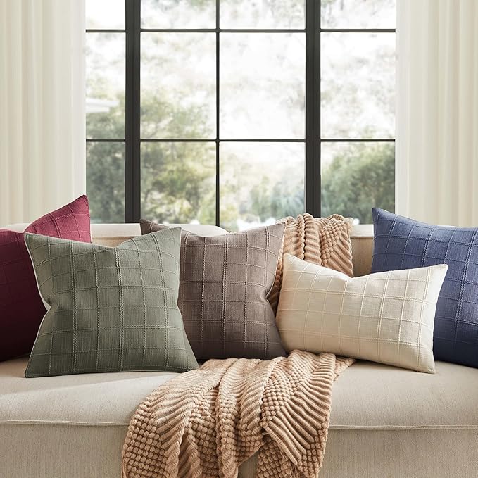 ZeeMart Linen Checked Throw Pillow Covers Set of 2, 16x16 Inch Olive/Cream - Image 7