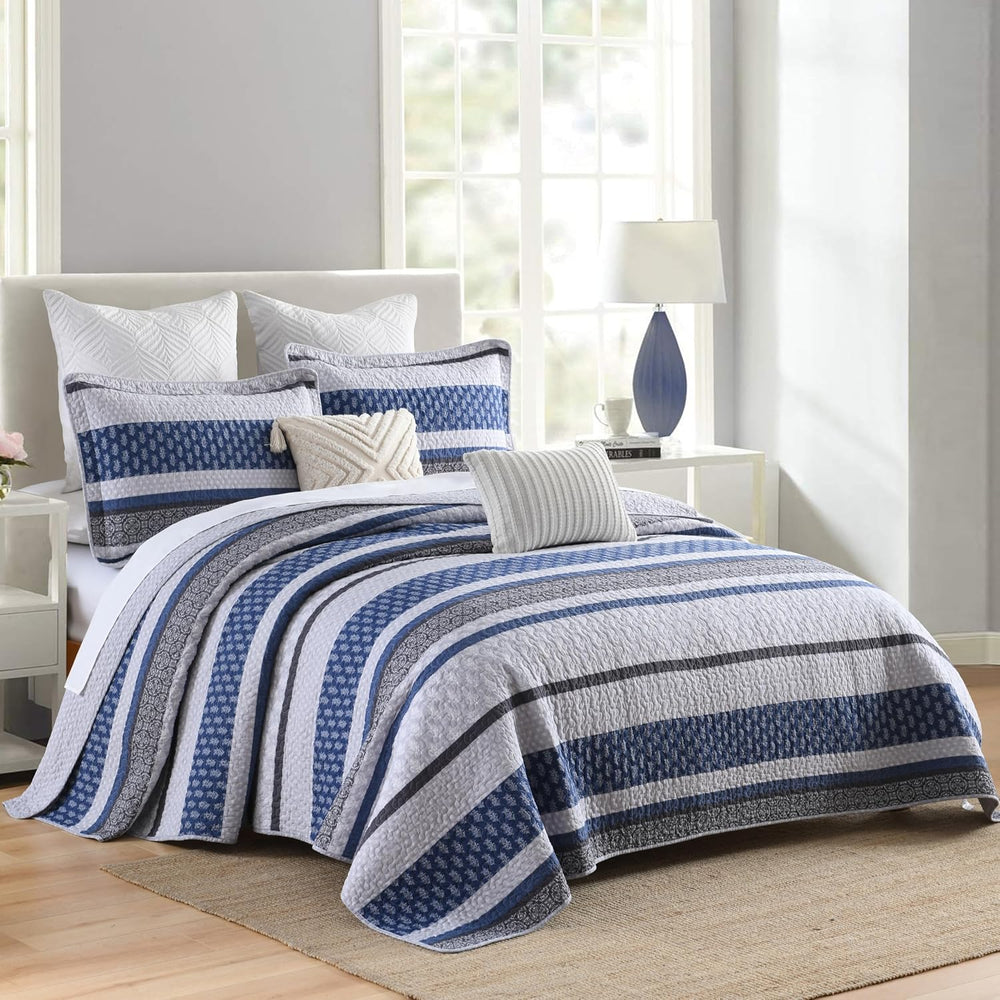 100% Cotton King Size Comforter Set Blue Grey Striped Quilt Set