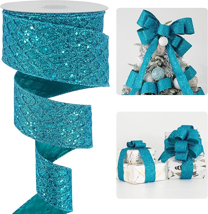 HUIHUANG Turquoise Glitter Wired Ribbon by HUIHUANG