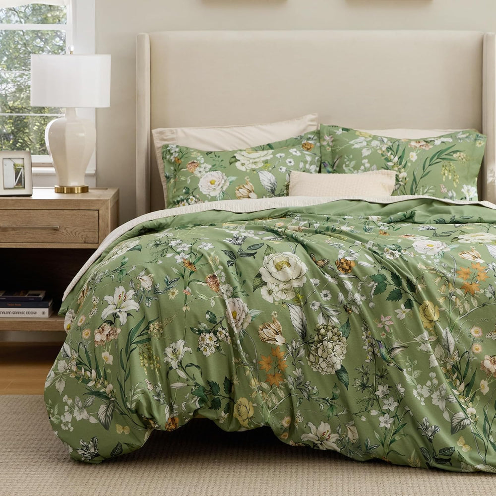 Bedsure Duvet Cover King Size - Reversible Green Floral&Bird Duvet Cover ...