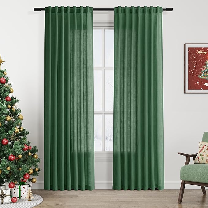 Green Linen Blend Drapes 84 Inch Length 2 Panels Set Back Tab Rod Pocket Light by Nanspring