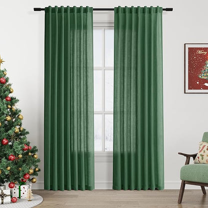Green Linen Blend Drapes 84 Inch Length 2 Panels Set Back Tab Rod Pocket Light by Nanspring