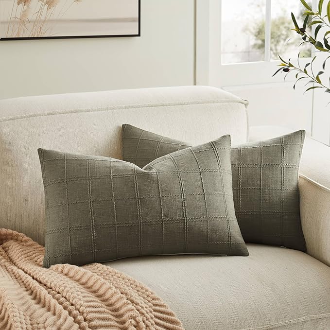 ZeeMart Linen Checked Lumbar Throw Pillow Covers Set of 2, 12x20 Inch by ZEEMARTONLINE