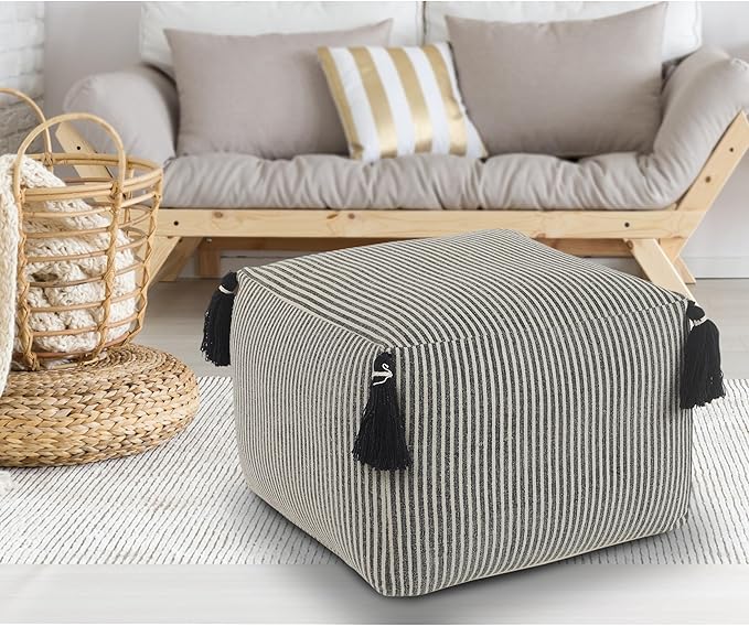 LR Home Handmade Contemporary Striped Gray/Ivory Cotton Pouf Ottoman by L.+R.+Resources%2C+Inc.