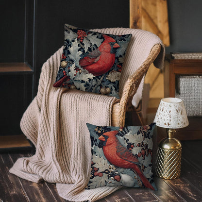 William Morris Inspired Red Cardinal Bird Pillow Cover 18x18 Inches(Set of 2) - Vintage Floral Art Throw Pillowcase - Farmhouse Decor for Couch, Sofa, Bed - Living Room Home Decor Gift (Red-Bird)