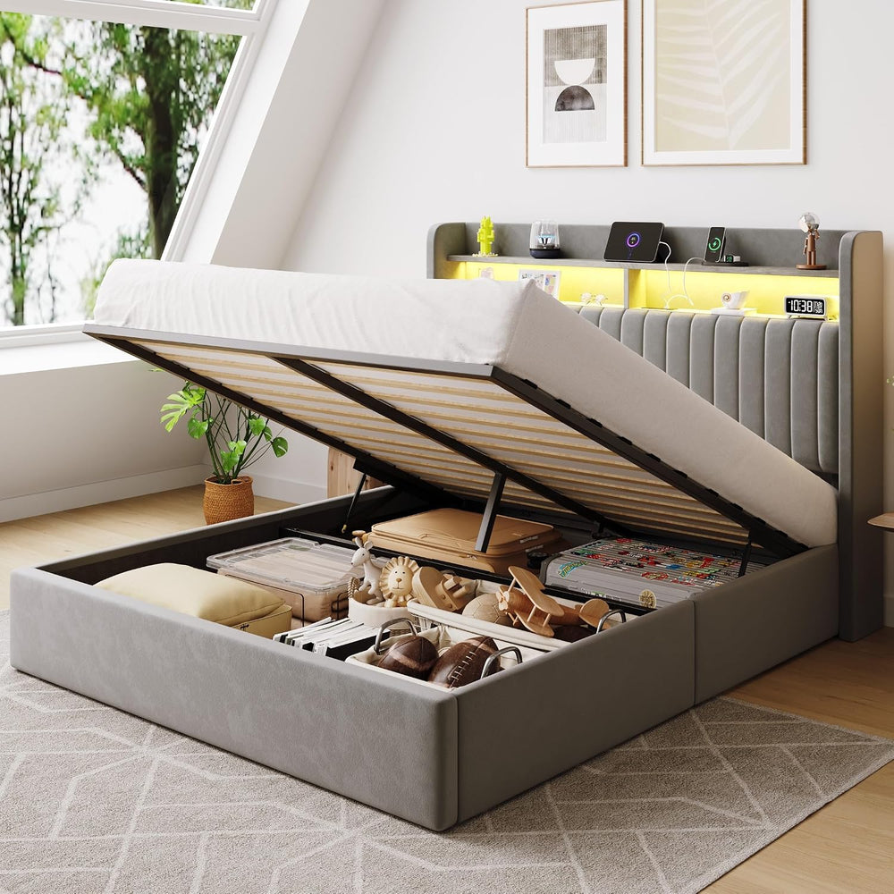 SHA CERLIN Full Size LED Lift Up Storage Bed Frame Charging Station, Grey
