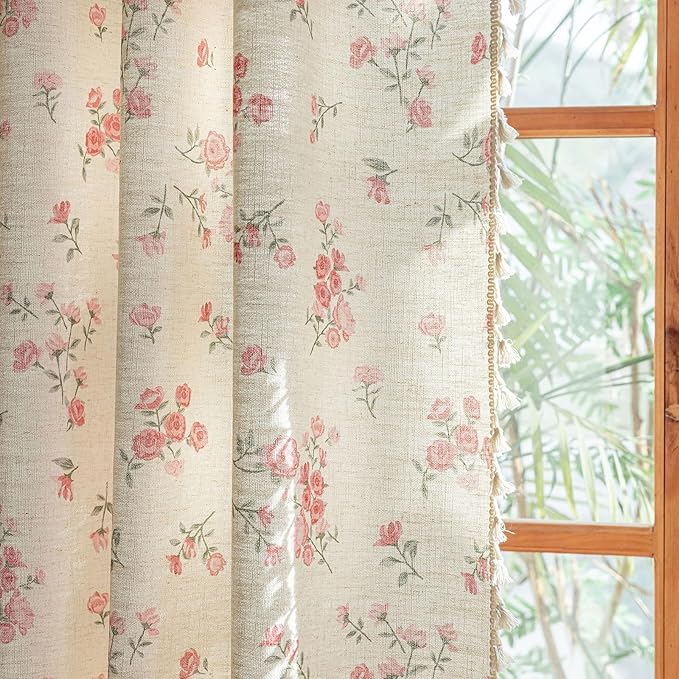 ENJOYBRIDAL Pink Floral 96 Inch Curtains 2 Panel Set Boho Tassel Drapes - Image 5