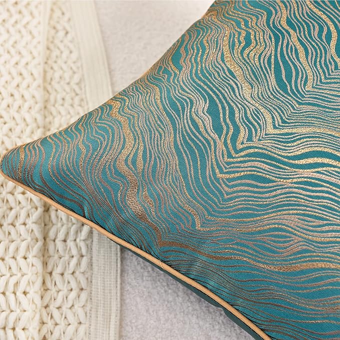 Avigers 20 x 20 Inch Square Green Teal Gold Abstract Striped Embroidery Cushion - Image 4