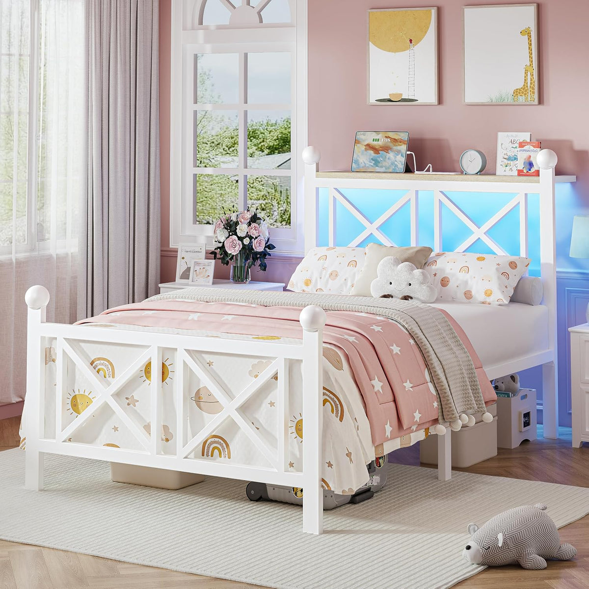 dynjest twin white bed frame with headboard and on a desk or shelf