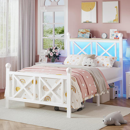 dynjest twin white bed frame with headboard and on a desk or shelf
