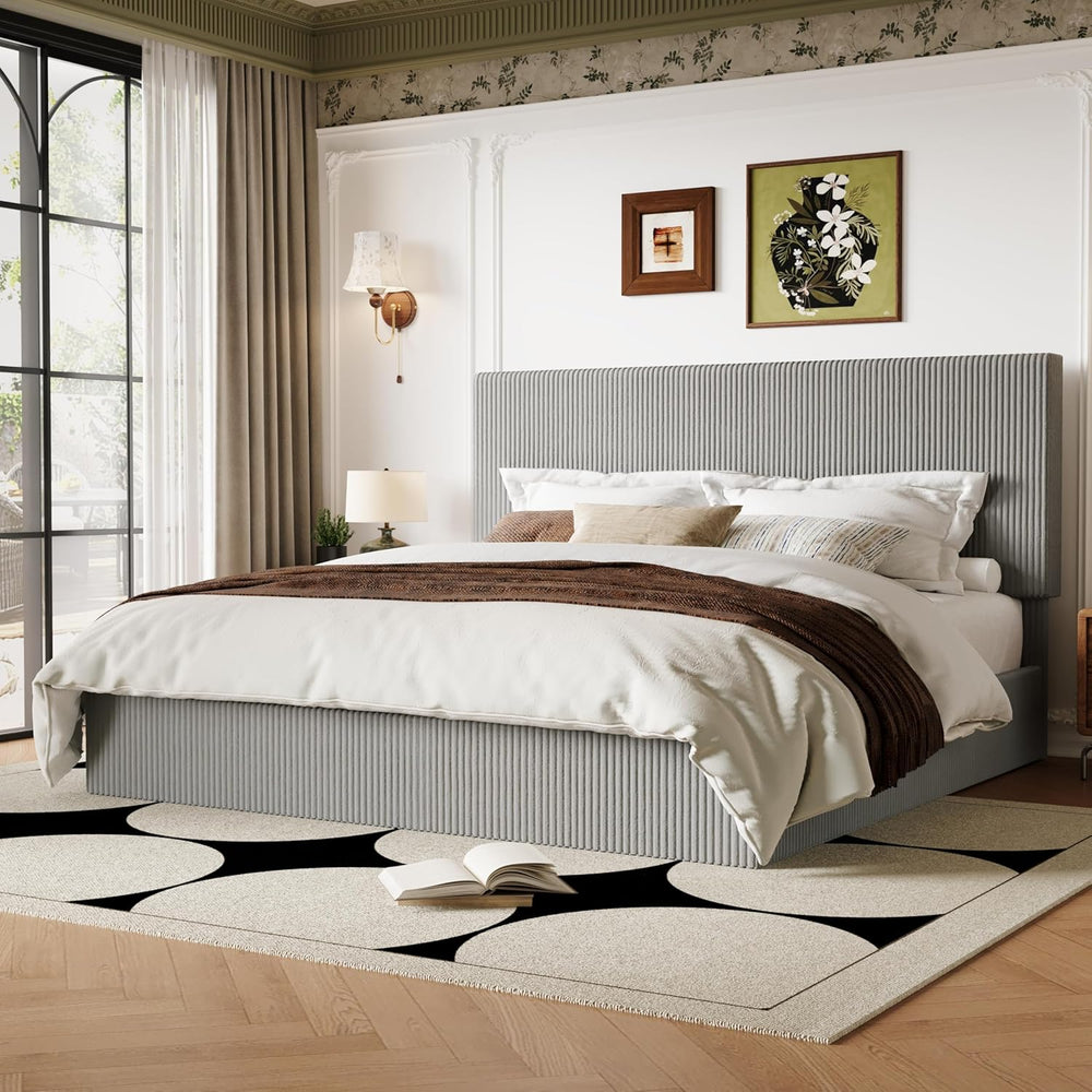 Allewie King Bed Frame, Adjustable Corduroy Headboard, Platform, Grey