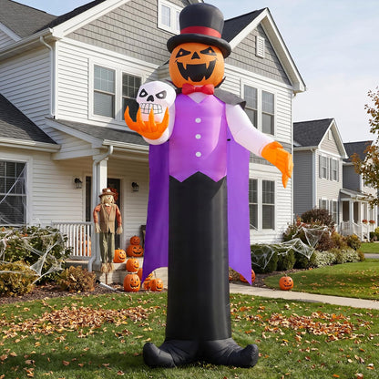 Joiedomi 12FT Giant Halloween Inflatable Pumpkin Ghost Vampire with Skull, Halloween Blow Up Gentleman Ghost Yard Decoration with Built-in LED Glowing Eyes for Lawn Garden Indoor Outdoor Decor