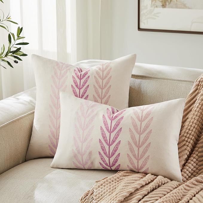 100% Cotton Farmhouse Leaves Throw Pillow Covers Set of 2, 20x20 Inch Mixed - Image 4