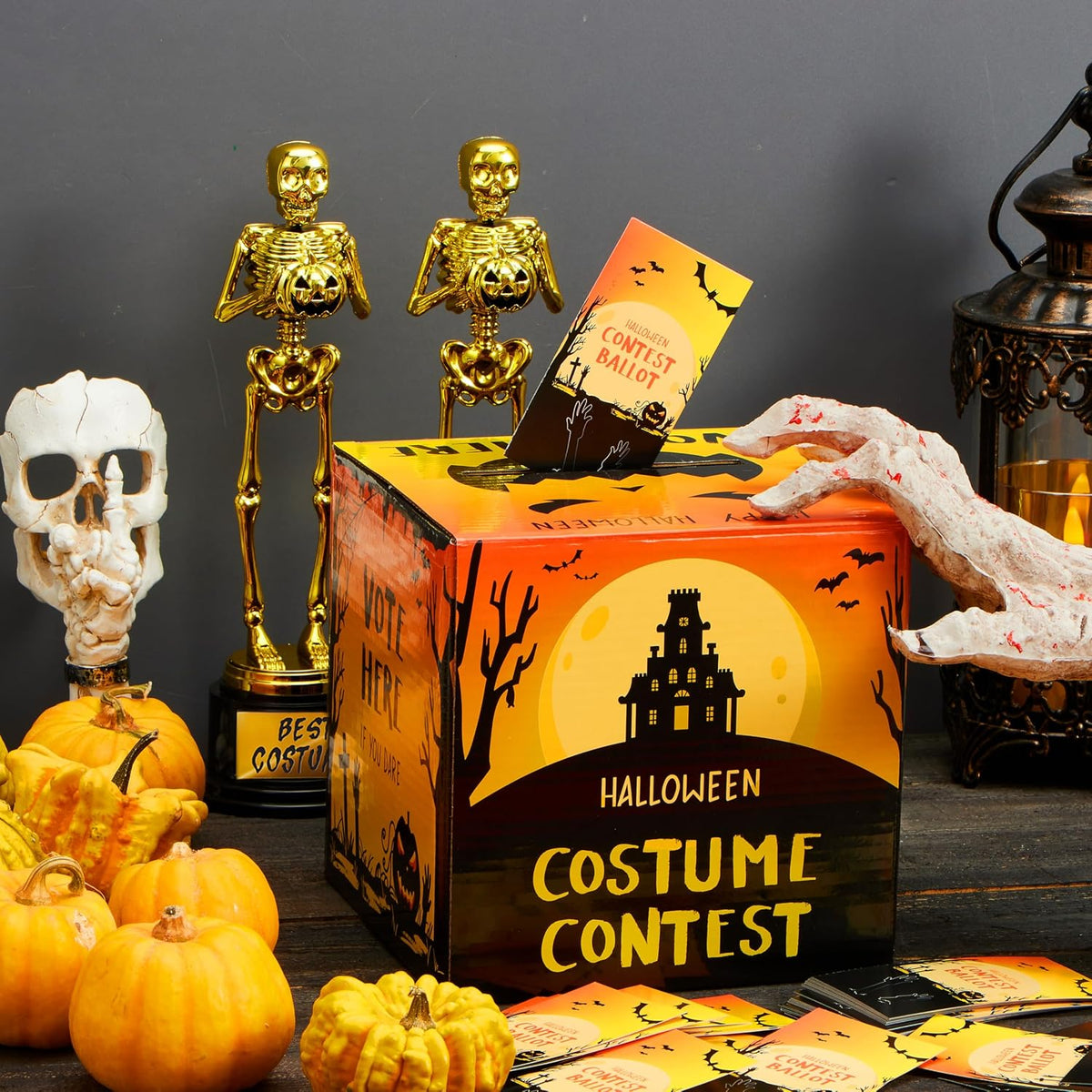 JOYIN Halloween Costume Contest Ballot Card Box, 4 PCS Trophy Awards Best Costume Skeleton, 50 PCS Voting Cards, Halloween Party Favor Supplies for Trick or Treating, Students Classroom Prize